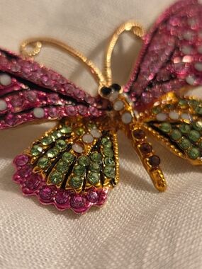 Crystal Butterfly Brooch - Pink & Green Rhinestone Accent